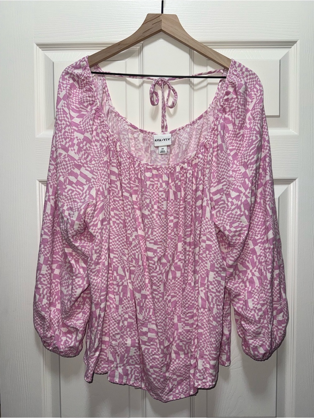 Ava & Viv 2X Pink Abstract Boho Balloon Sleeve Blouse